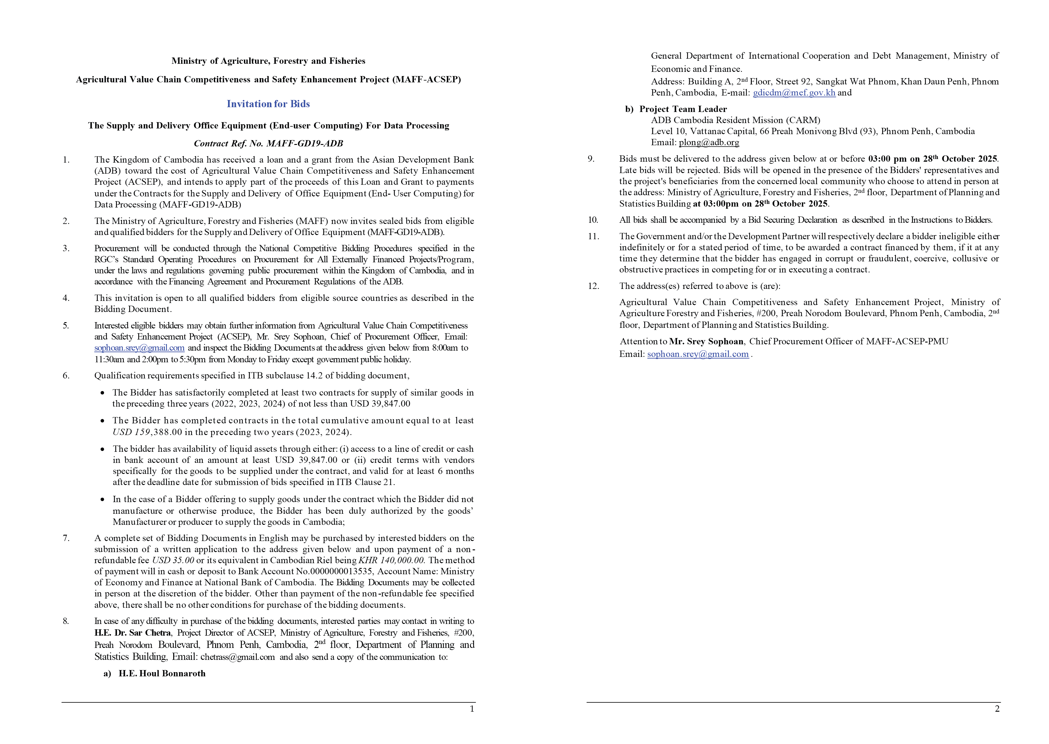 Invitation for Bids The Supply and Delivery Office Equipment (End-user Computing) For Data Processing